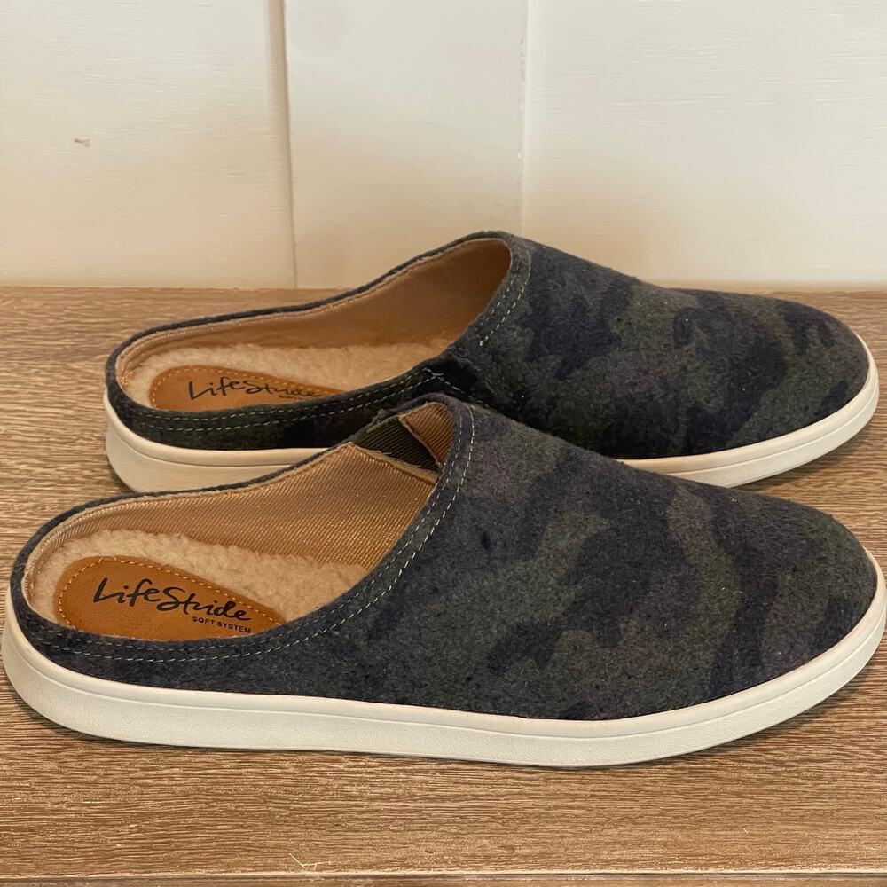 Lifestride Shoes Nomad Mule Flat Green Camo Faux Shearling Comfy Slip on Cozy‎ 9
